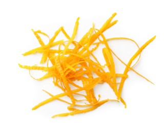 Photo of Fresh orange zest isolated on white, top view