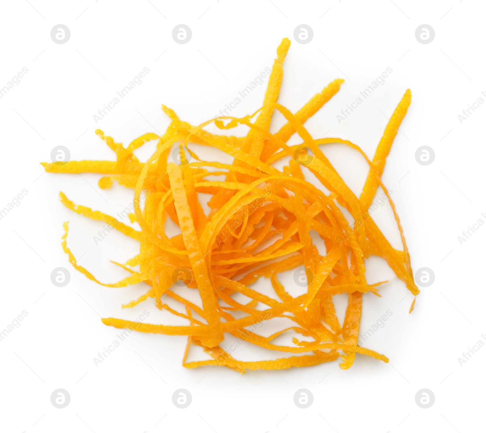 Photo of Fresh orange zest isolated on white, top view