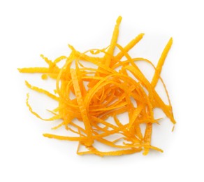 Photo of Fresh orange zest isolated on white, top view