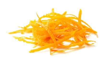 Photo of Pile of fresh orange zest isolated on white