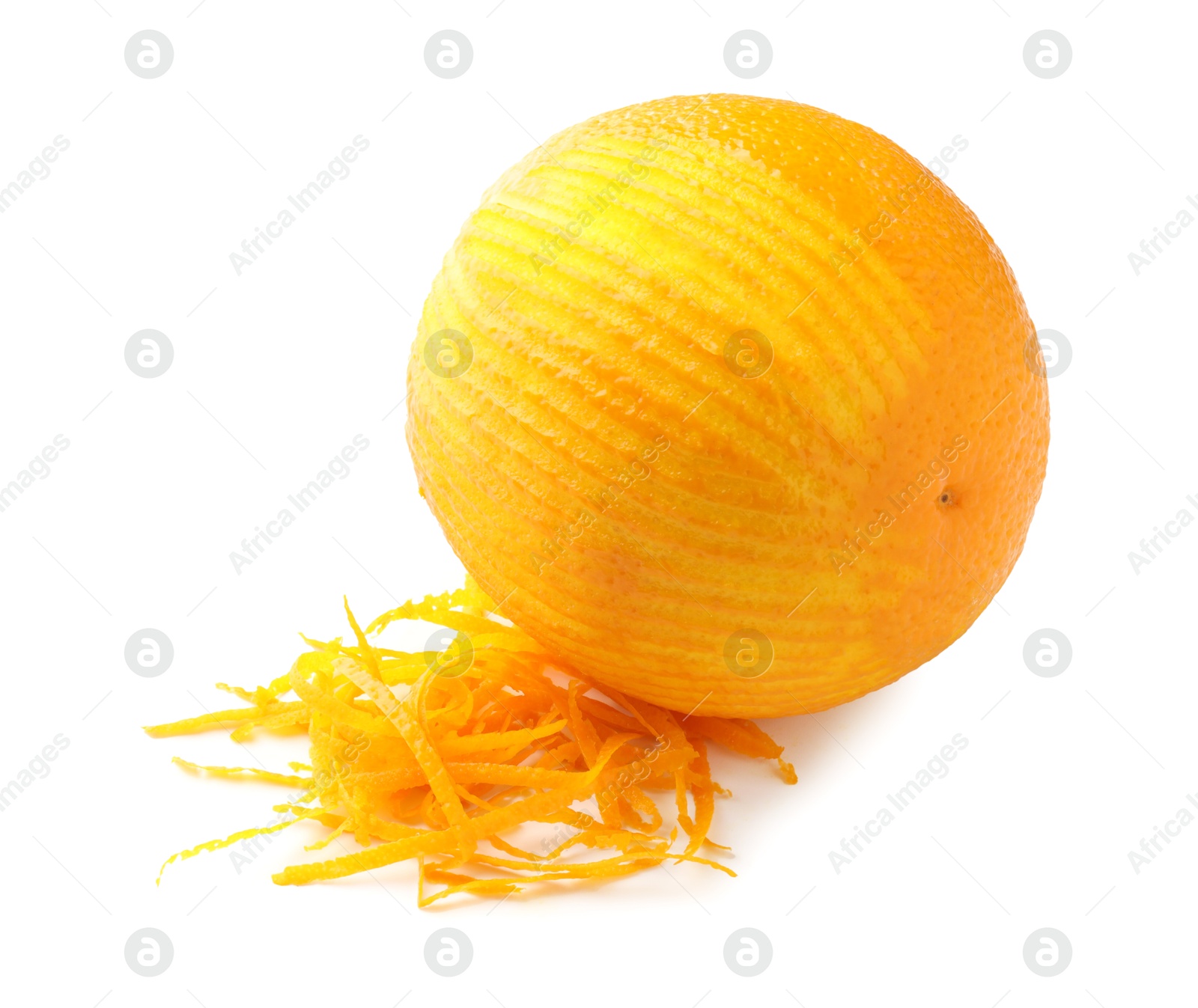 Photo of Orange zest and fruit isolated on white