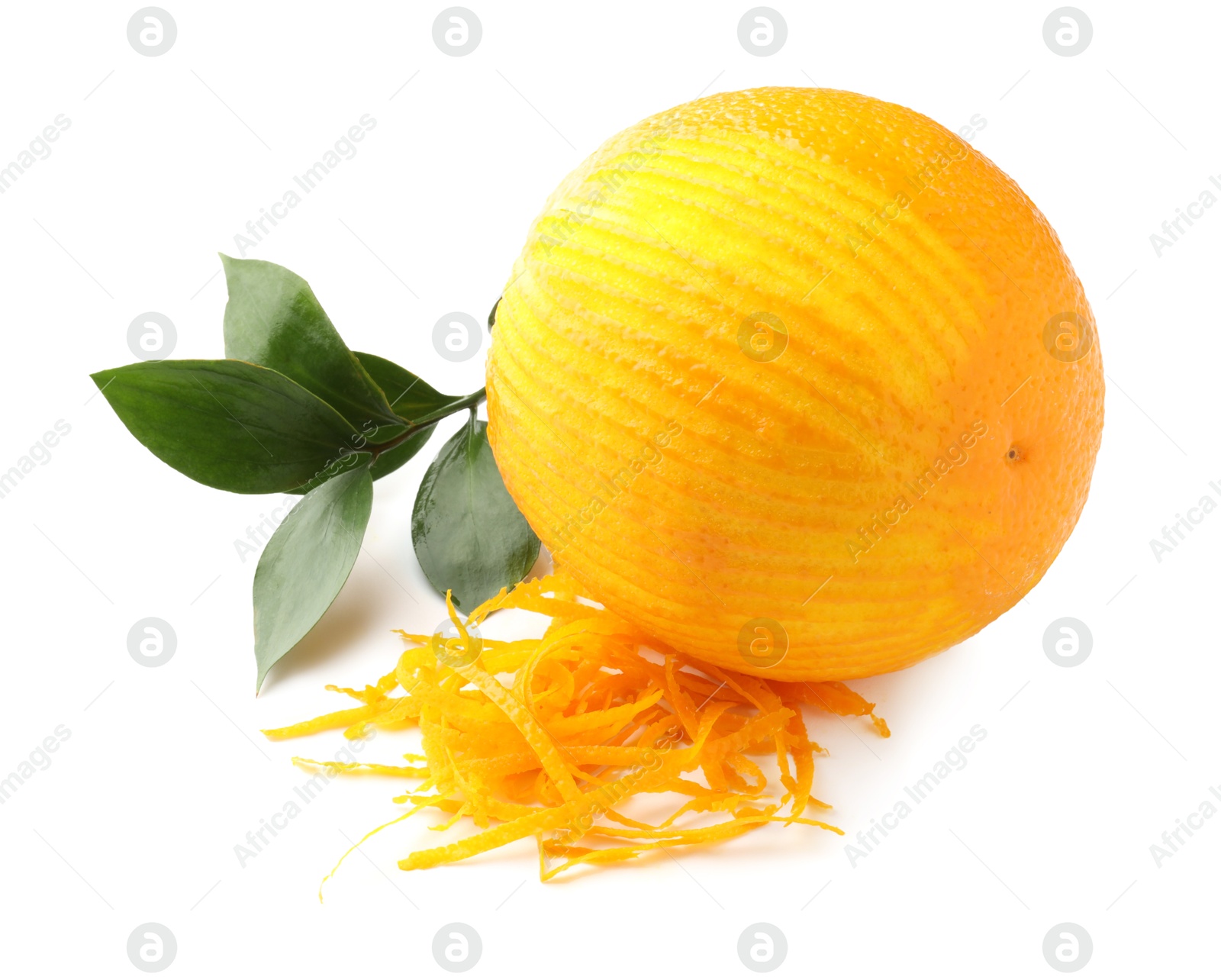 Photo of Orange zest and fruit isolated on white