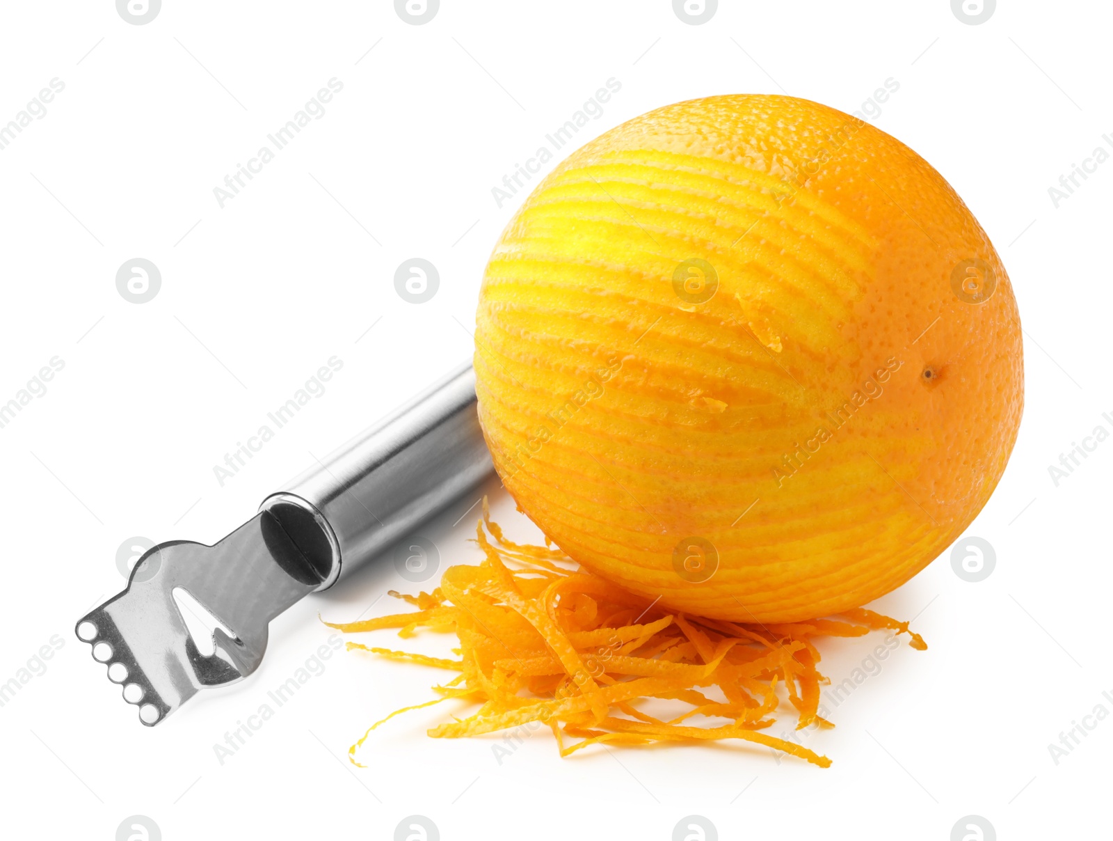 Photo of Orange zest, zester tool and fruit isolated on white