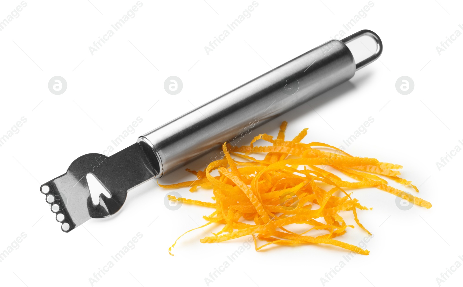 Photo of Orange zest and zester tool isolated on white