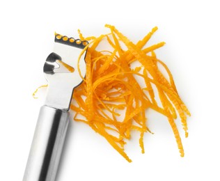 Photo of Orange zest and zester tool isolated on white, top view