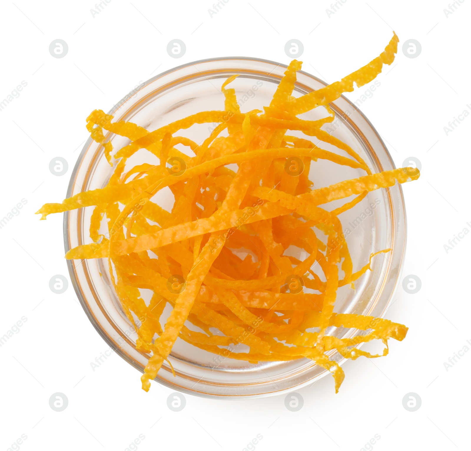 Photo of Orange zest in bowl isolated on white, top view