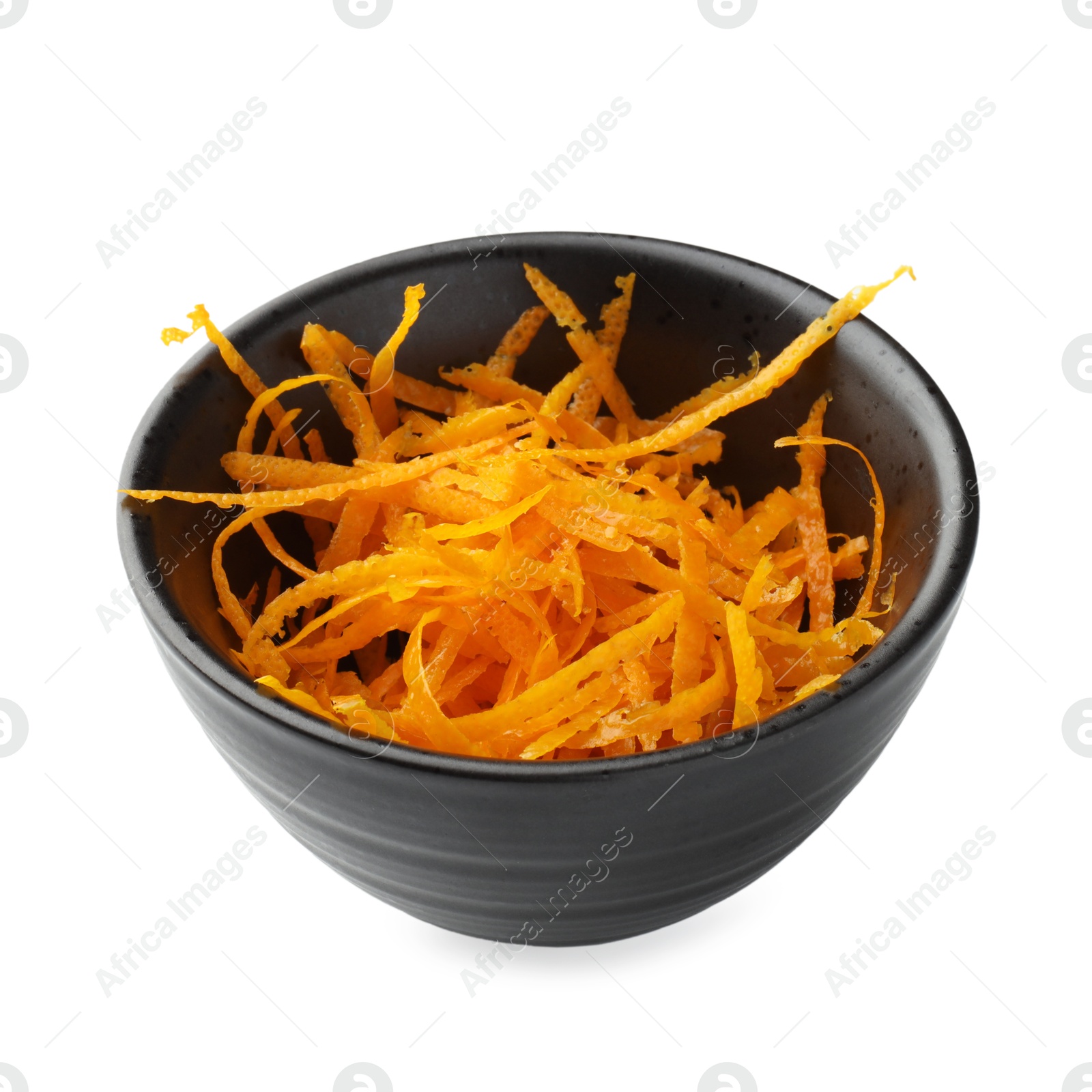 Photo of Orange zest in bowl isolated on white