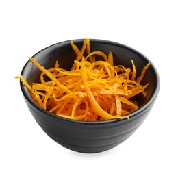 Photo of Orange zest in bowl isolated on white