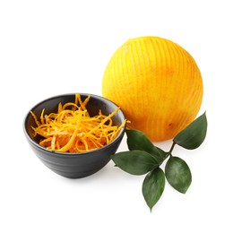 Photo of Orange zest and fresh fruit isolated on white