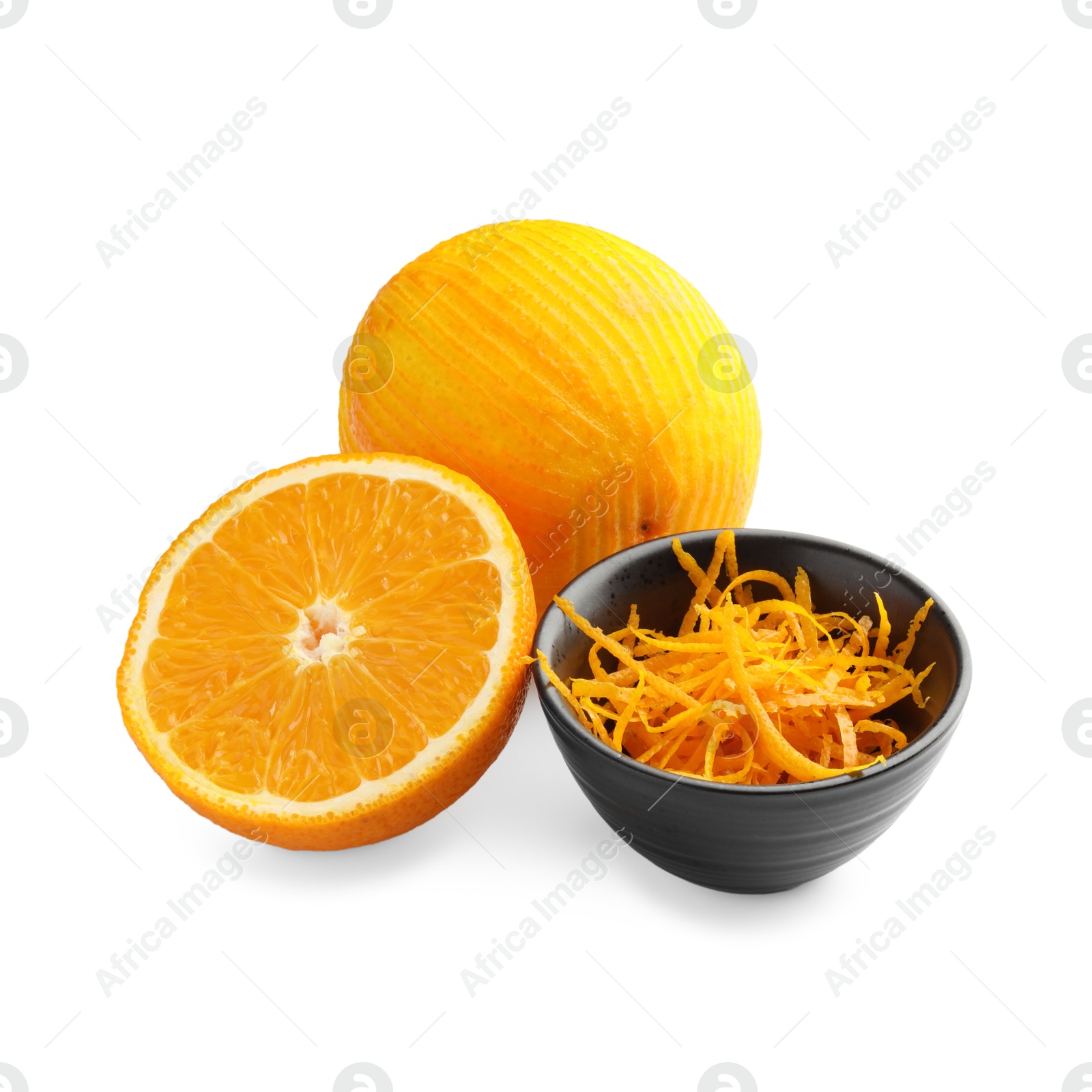 Photo of Orange zest and fresh fruits isolated on white