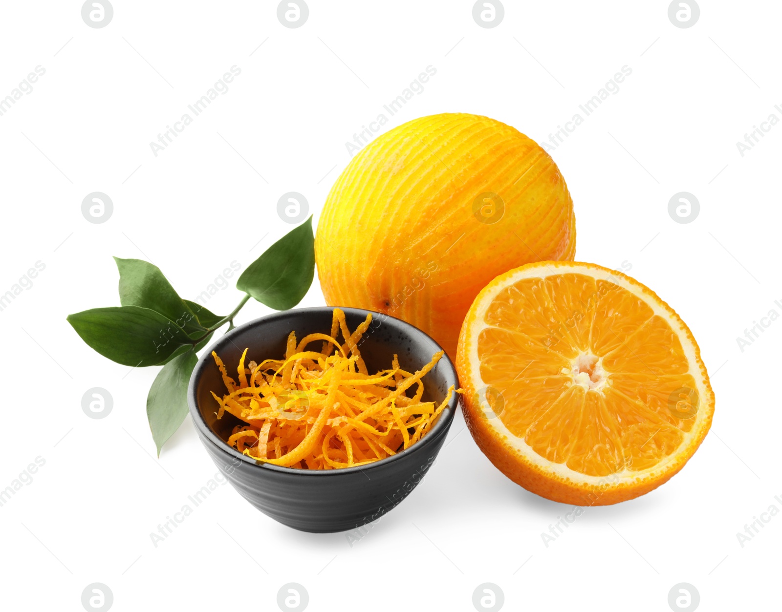 Photo of Orange zest and fresh fruits isolated on white