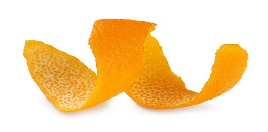 Photo of Twirl of fresh orange peel isolated on white