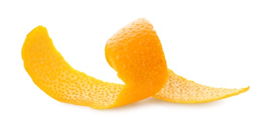 Photo of Twirl of fresh orange peel isolated on white