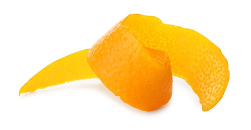 Photo of Twirl of fresh orange peel isolated on white