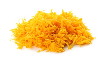 Photo of Pile of fresh orange zest isolated on white