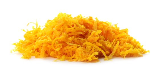 Photo of Pile of fresh orange zest isolated on white