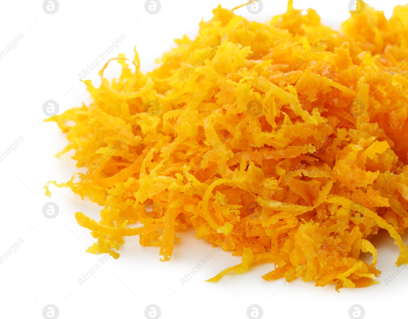 Photo of Pile of fresh orange zest isolated on white