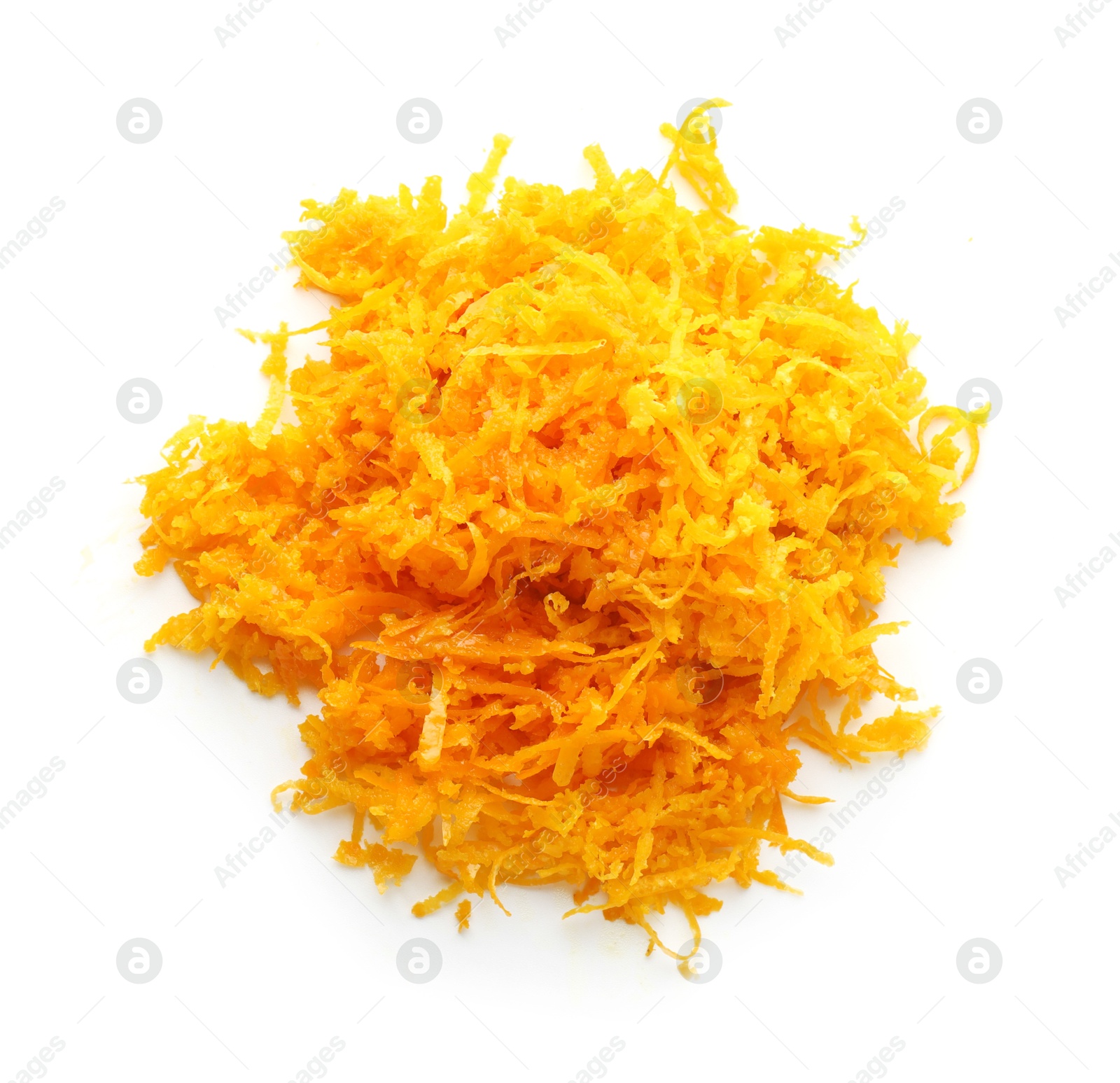 Photo of Fresh orange zest isolated on white, top view