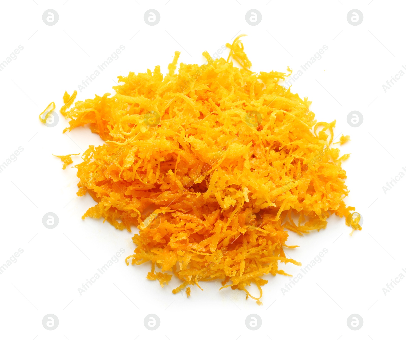 Photo of Fresh orange zest isolated on white, top view