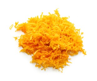 Photo of Fresh orange zest isolated on white, top view