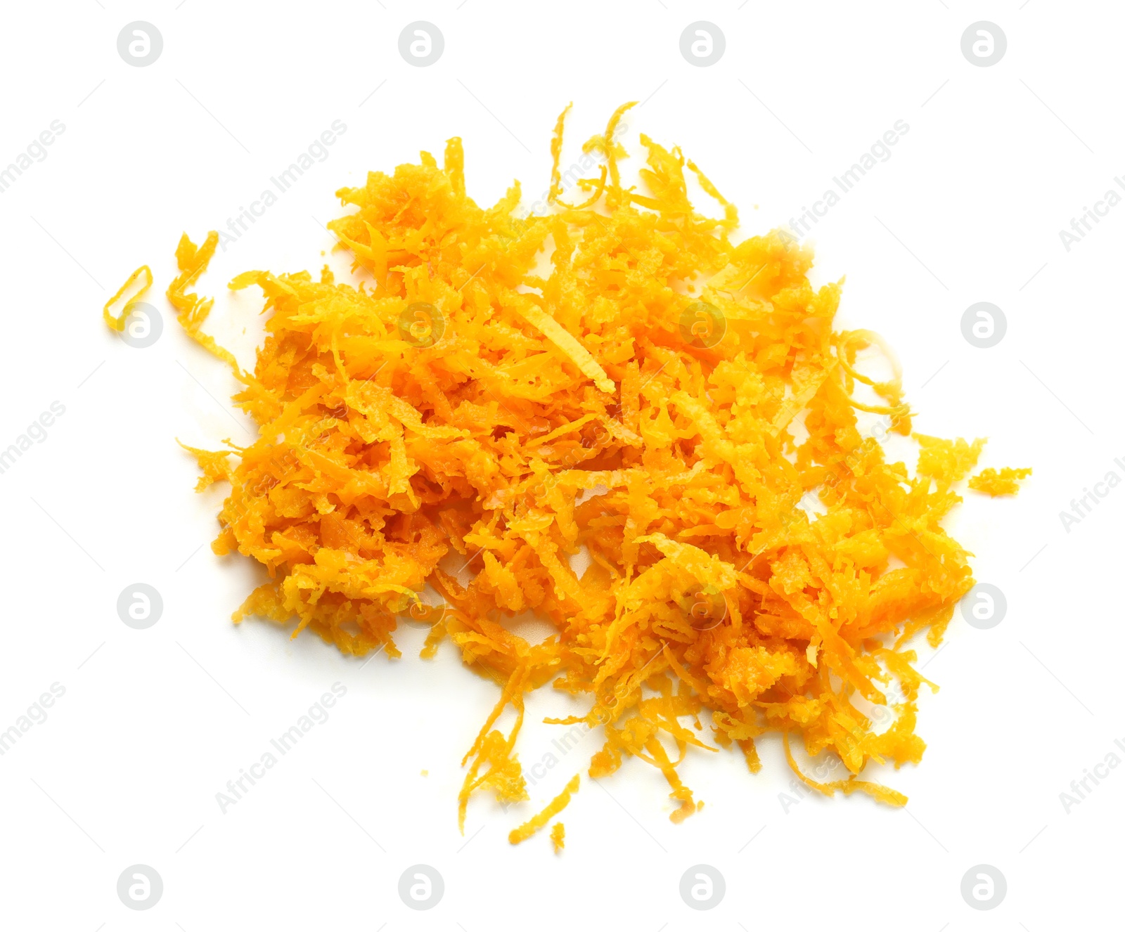 Photo of Fresh orange zest isolated on white, top view