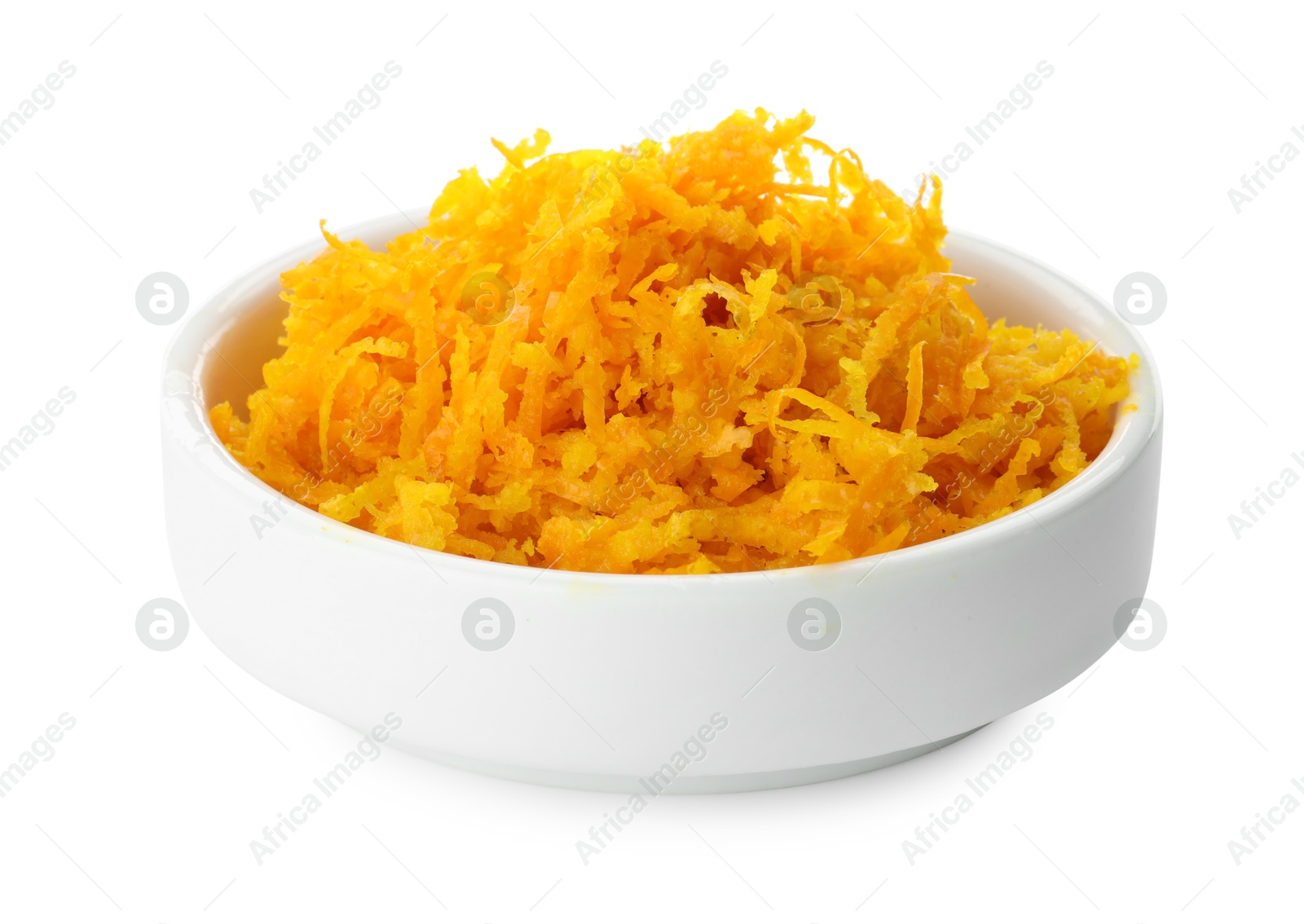 Photo of Fresh orange zest in bowl isolated on white