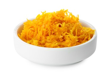 Photo of Fresh orange zest in bowl isolated on white