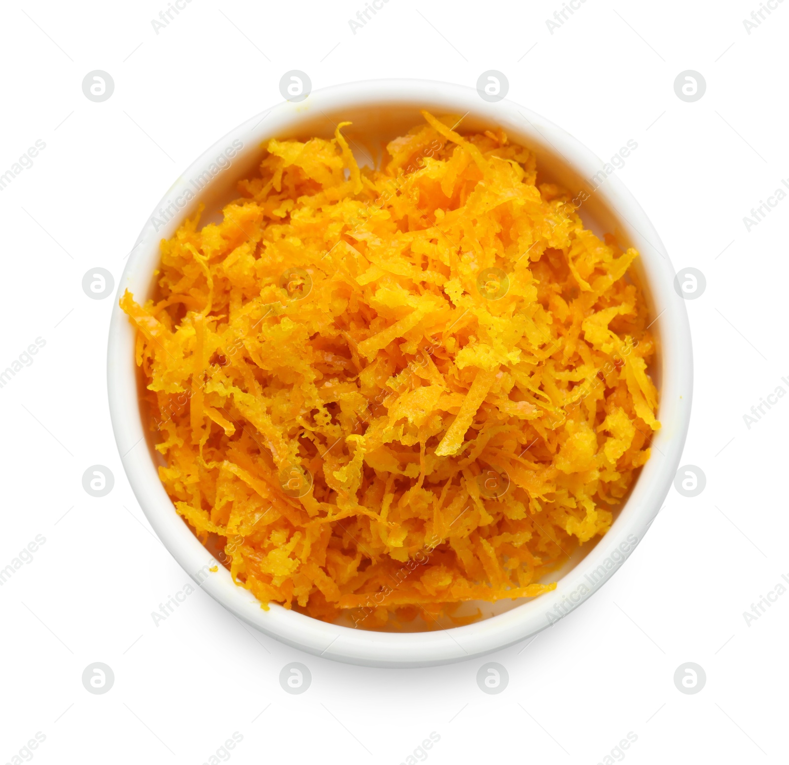 Photo of Fresh orange zest in bowl isolated on white, top view