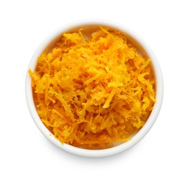 Photo of Fresh orange zest in bowl isolated on white, top view