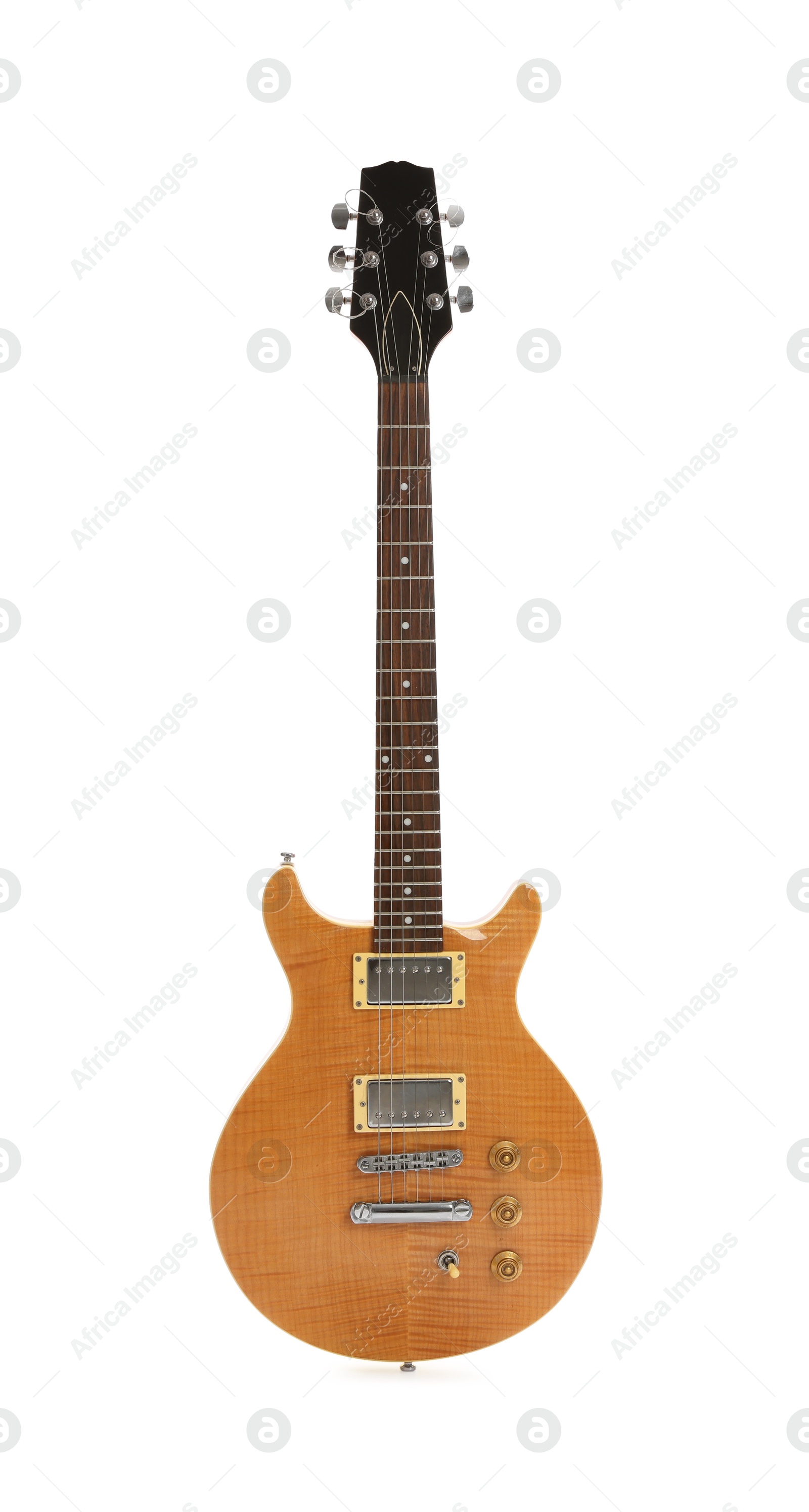 Photo of One wooden electric guitar isolated on white