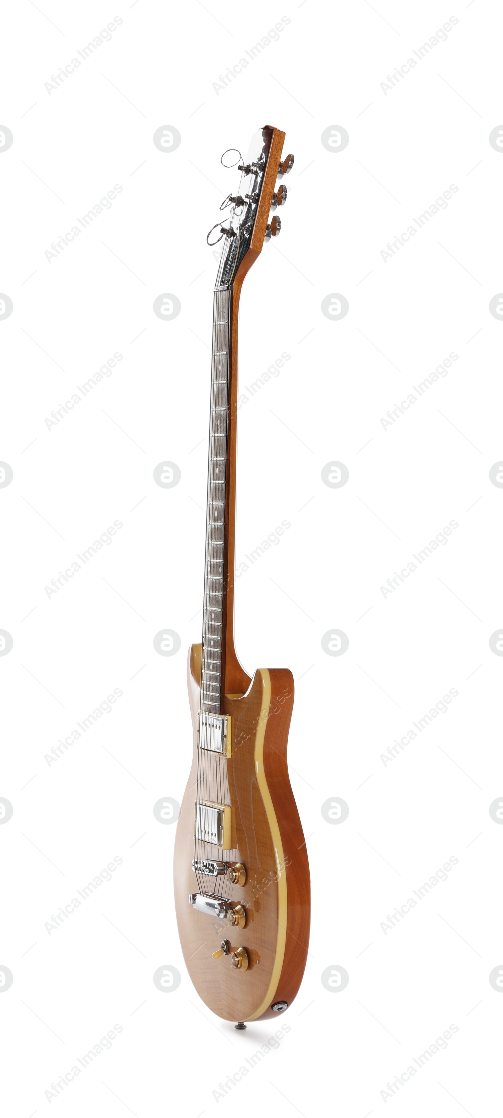 Photo of One wooden electric guitar isolated on white