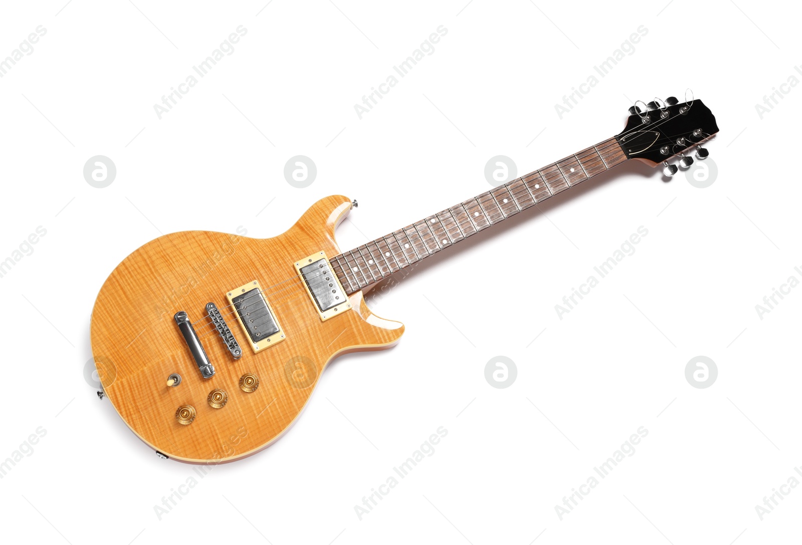 Photo of One wooden electric guitar isolated on white, top view