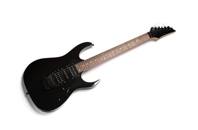 One black electric guitar isolated on white, top view