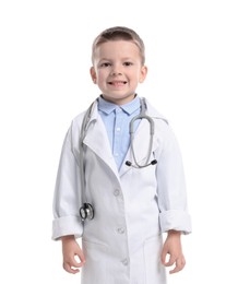 Little boy with stethoscope pretending to be doctor on white background. Dreaming of future profession