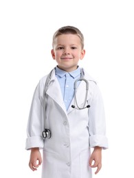 Photo of Little boy with stethoscope pretending to be doctor on white background. Dreaming of future profession