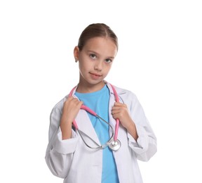 Photo of Girl with stethoscope pretending to be doctor on white background. Dreaming of future profession