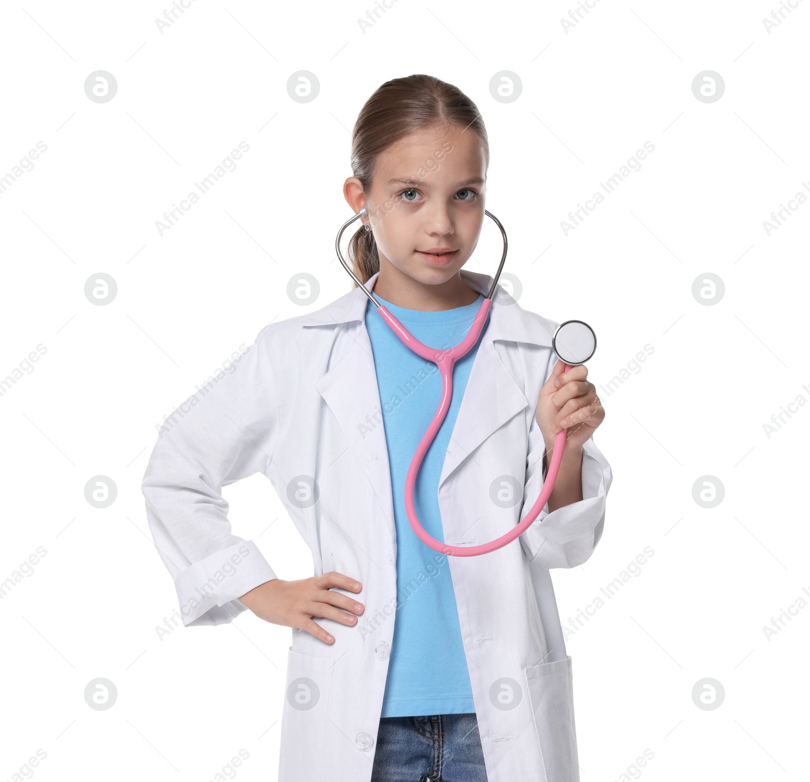 Photo of Girl with stethoscope pretending to be doctor on white background. Dreaming of future profession