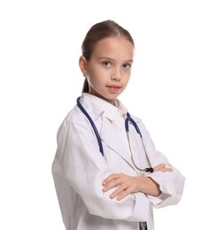 Photo of Girl with stethoscope pretending to be doctor on white background. Dreaming of future profession