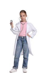 Photo of Girl with stethoscope pretending to be doctor on white background. Dreaming of future profession