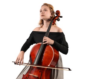 Photo of Beautiful young woman playing cello on white background