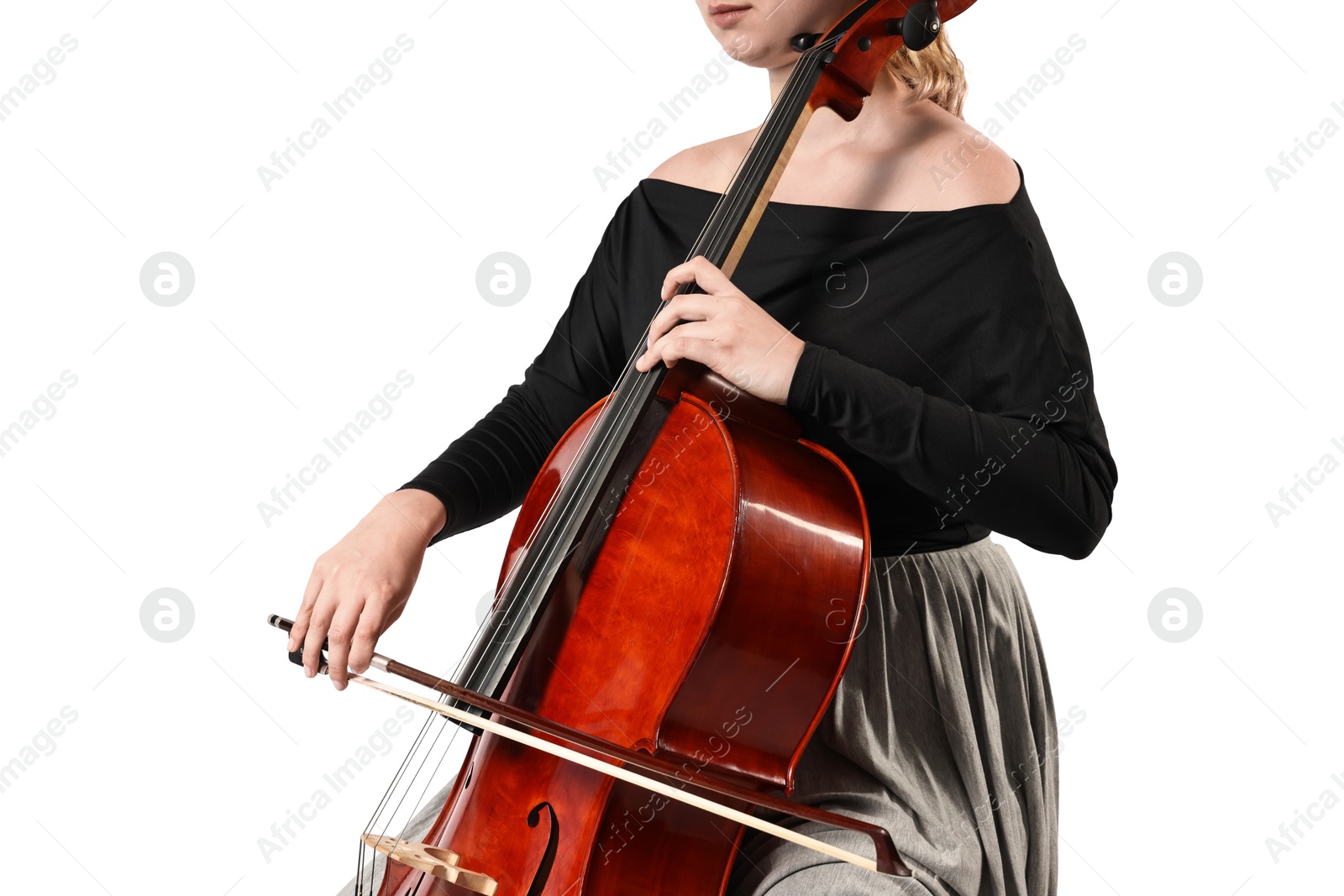 Photo of Young woman playing cello on white background, closeup