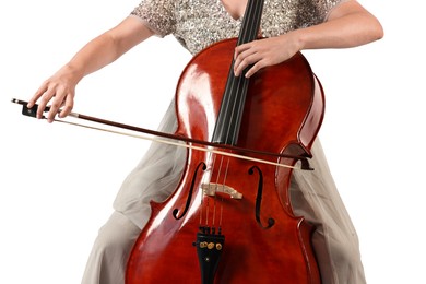 Photo of Young woman playing cello on white background, closeup