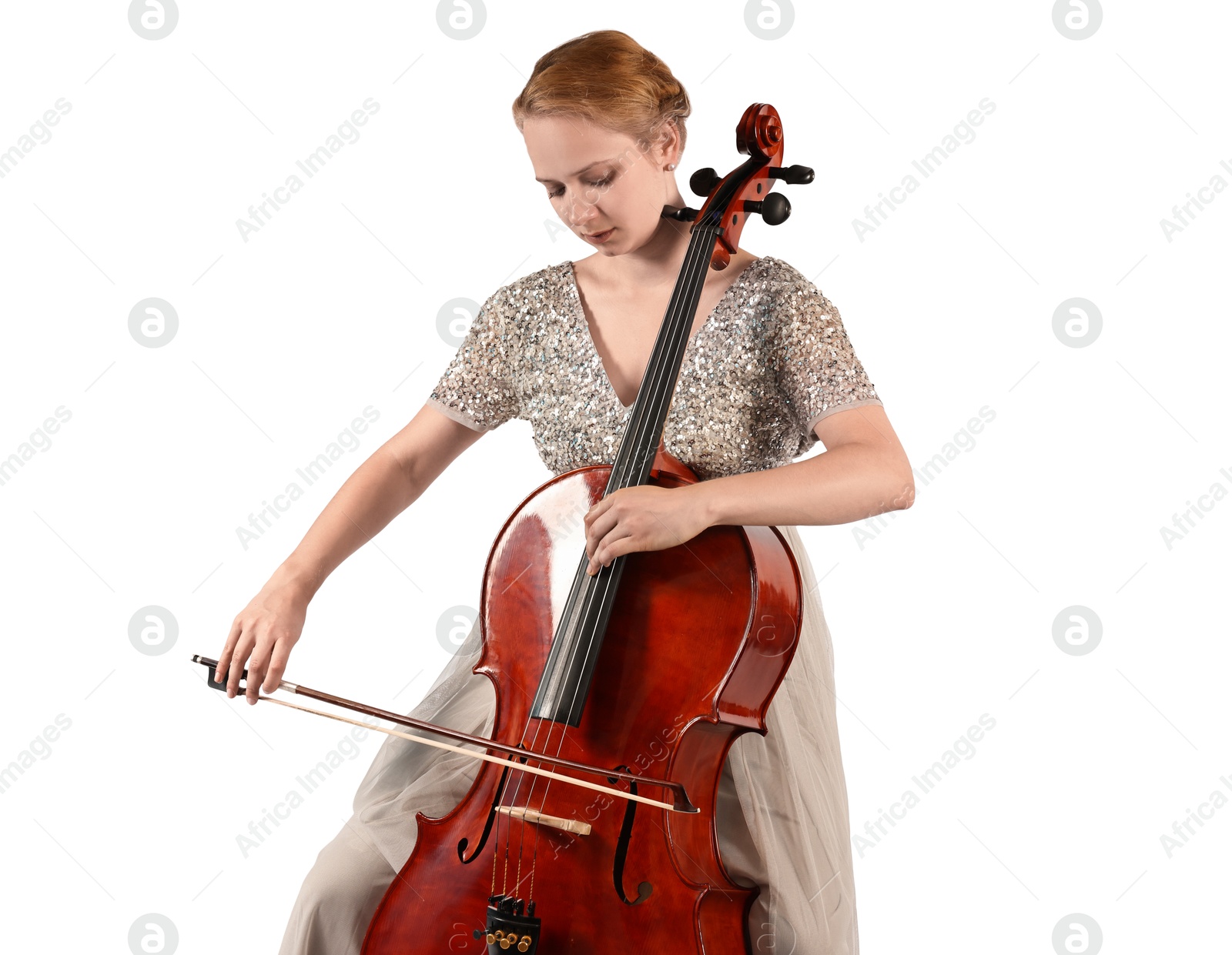 Photo of Beautiful young woman playing cello on white background