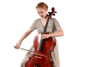 Photo of Beautiful young woman playing cello on white background