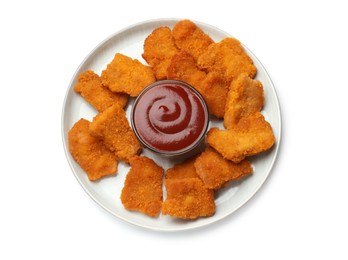 Photo of Delicious chicken nuggets with ketchup isolated on white, top view