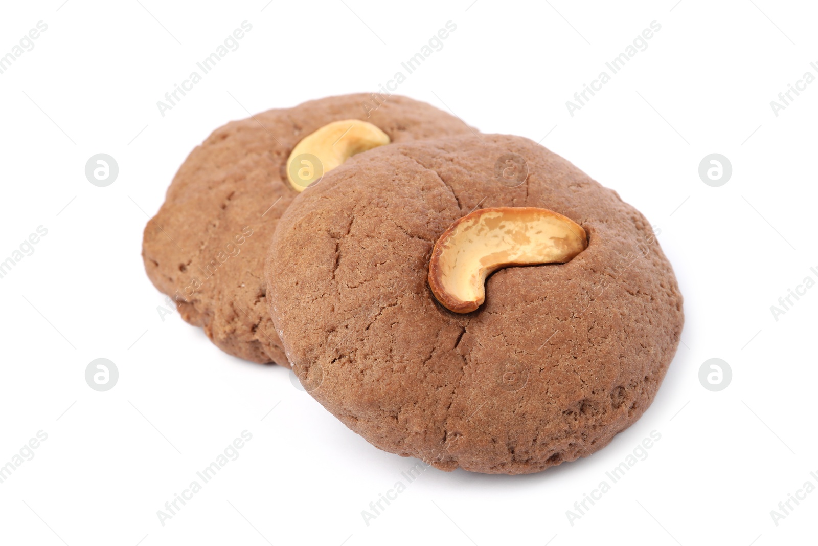 Photo of Tasty chocolate cookies with cashew isolated on white