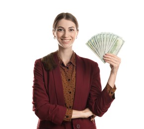 Photo of Portrait of banker with dollar banknotes on white background