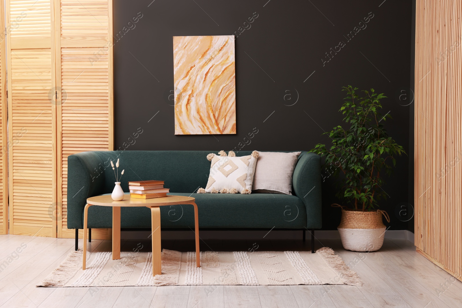 Photo of Soft sofa, houseplant and coffee table near black wall in stylish living room