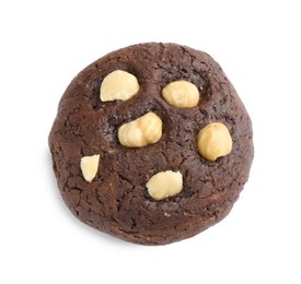 Photo of One tasty chocolate cookie with hazelnuts isolated on white, top view