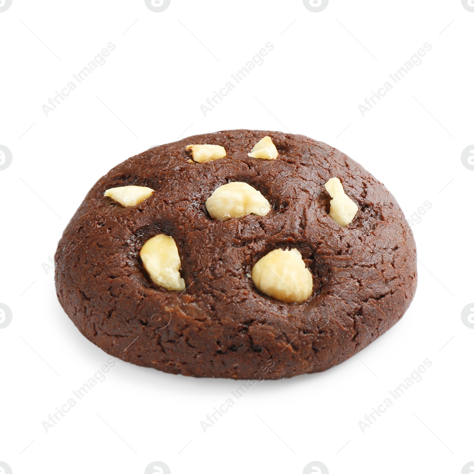 Photo of One tasty chocolate cookie with hazelnuts isolated on white